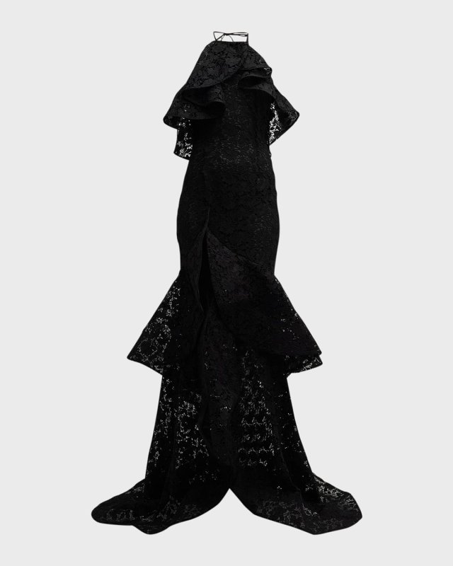 Tiered Ruffle Gardenia Guipure Halter Mermaid Gown